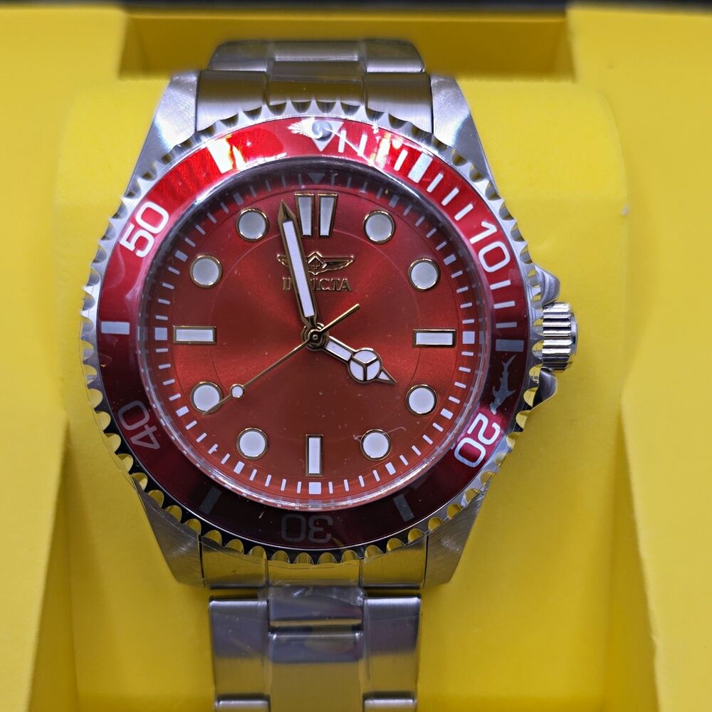 Invicta Pro Diver Men's Quartz Watch 200m, Red Dial/Bezel, SS Bracelet 50506